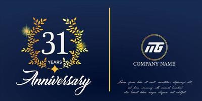 Logotipo del 31.º aniversario con monograma de adorno elegante y plantilla de nombre de logotipo sobre fondo azul elegante, brillo, diseño vectorial para tarjeta de felicitación. vector