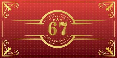 67th anniversary logo with golden ring, confetti and gold border isolated on elegant red background, sparkle, vector design for greeting card and invitation card