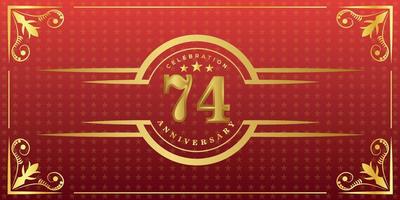 74th anniversary logo with golden ring, confetti and gold border isolated on elegant red background, sparkle, vector design for greeting card and invitation card