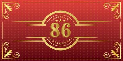 86th anniversary logo with golden ring, confetti and gold border isolated on elegant red background, sparkle, vector design for greeting card and invitation card