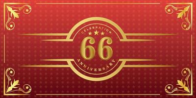 66th anniversary logo with golden ring, confetti and gold border isolated on elegant red background, sparkle, vector design for greeting card and invitation card