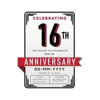 16 Years Anniversary Logo Celebration and Invitation Card with red ribbon Isolated on white Background vector