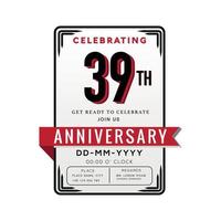 39 Years Anniversary Logo Celebration and Invitation Card with red ribbon Isolated on white Background vector