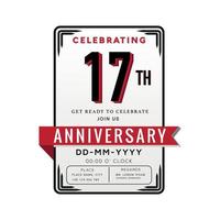 17 Years Anniversary Logo Celebration and Invitation Card with red ribbon Isolated on white Background vector