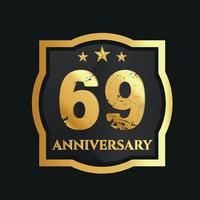 Celebrating 69th years anniversary with golden border and stars on dark background, vector design.