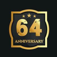 Celebrating 64th years anniversary with golden border and stars on dark background, vector design.