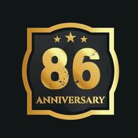 Celebrating 86th years anniversary with golden border and stars on dark background, vector design.