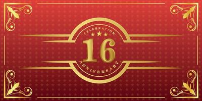 16th anniversary logo with golden ring, confetti and gold border isolated on elegant red background, sparkle, vector design for greeting card and invitation card
