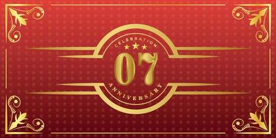 Logotipo del 7º aniversario con anillo dorado, confeti y borde dorado aislado en un elegante fondo rojo, brillo, diseño vectorial para tarjetas de felicitación y tarjetas de invitación vector