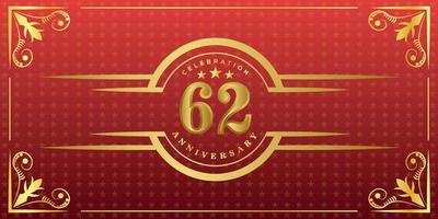 62nd anniversary logo with golden ring, confetti and gold border isolated on elegant red background, sparkle, vector design for greeting card and invitation card