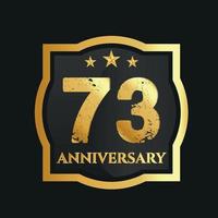 Celebrating 73rd years anniversary with golden border and stars on dark background, vector design.