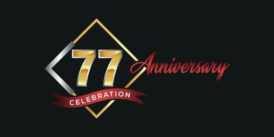 77th anniversary logo with golden and silver box, confetti and red ribbon isolated on elegant black background, vector design for greeting card and invitation card