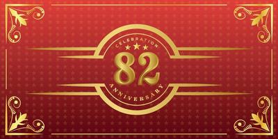 82nd anniversary logo with golden ring, confetti and gold border isolated on elegant red background, sparkle, vector design for greeting card and invitation card