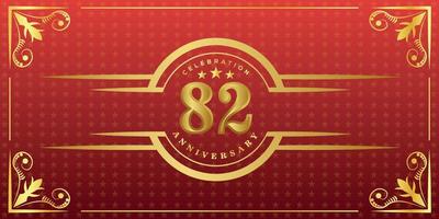 82nd anniversary logo with golden ring, confetti and gold border isolated on elegant red background, sparkle, vector design for greeting card and invitation card