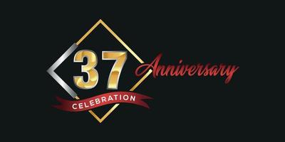 Logotipo del 37º aniversario con caja dorada y plateada, confeti y cinta roja aislada en un elegante fondo negro, diseño vectorial para tarjetas de felicitación y tarjetas de invitación vector
