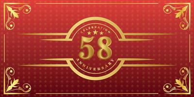 58th anniversary logo with golden ring, confetti and gold border isolated on elegant red background, sparkle, vector design for greeting card and invitation card