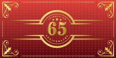 65th anniversary logo with golden ring, confetti and gold border isolated on elegant red background, sparkle, vector design for greeting card and invitation card