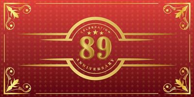 89th anniversary logo with golden ring, confetti and gold border isolated on elegant red background, sparkle, vector design for greeting card and invitation card