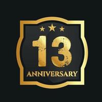 Celebrating 13th years anniversary with golden border and stars on dark background, vector design.