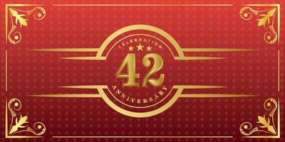 42nd anniversary logo with golden ring, confetti and gold border isolated on elegant red background, sparkle, vector design for greeting card and invitation card