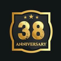 Celebrating 38th years anniversary with golden border and stars on dark background, vector design.