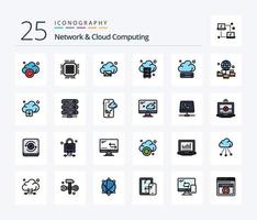 Network And Cloud Computing 25 Line Filled icon pack including connection. technology. cloud. storage. cloud vector