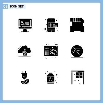 9 Solid Glyph concept for Websites Mobile and Apps keys love memory computing save Editable Vector Design Elements
