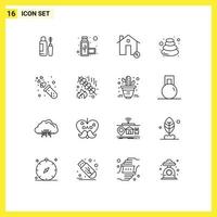 Group of 16 Outlines Signs and Symbols for heart spa estate relax hot Editable Vector Design Elements