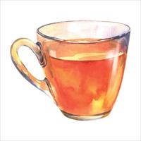 vaso de vidrio de un té negro. beber pintura. Ilustración dibujada a mano con acuarela, aislada en un fondo blanco. vector