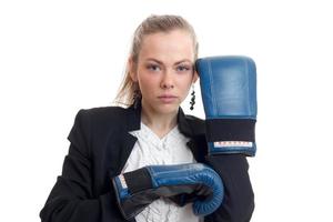 Portrait of serious young blondes in boxing gloves close-up photo