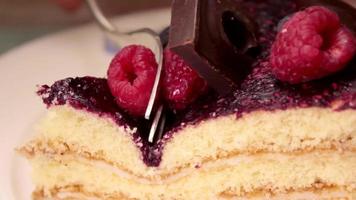 ein Stück Schokoladen- und Beerenkuchen nehmen. Kuchen mit Erdbeeren und Heidelbeeren essen. Leckeres Dessert. video