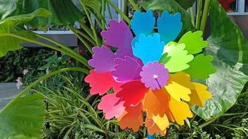 Artificial colorful windmills for decorating a small garden video