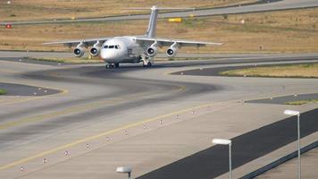 FRANKFURT AM MAIN, GERMANY JULY 19, 2017 - British Aeroapace 146 Avro RJ85 taxiing after landing on runway 25R. Fraport, Frankfurt, Germany video