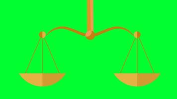 escalas para medir el equilibrio en pantalla verde. balanzas mecánicas símbolo de ley y justicia, castigo y verdad, dispositivo de medición escalas desiguales. video