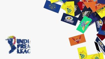 Indische Premier League Flagge aller zehn Teams, die von der rechten Seite auf den Boden fällt, 3D-Rendering, Luma-Mattauswahl an Flaggen video