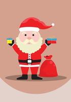 Christmas Uncle in Santa Claus costume holding gift boxes and red bags holding presents for distribution. vector