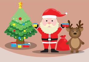 Uncle Santa Claus holding a gift box and a red bag. There is a deer and a Christmas tree with gift boxes under the tree. vector