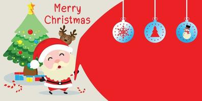 personaje vectorial santa claus y feliz navidad saludo en banner santa claus está arrastrando una gran bolsa de regalo con un ciervo y un árbol de navidad, cajas de regalo en el fondo. vector