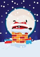 Santa Claus vector character and Merry Christmas greeting.Santa Claus is entering the smokestack on a snowy day.