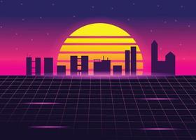 retro background 80s style sun with digital retro style tall buildings cyber grid neon texture vector