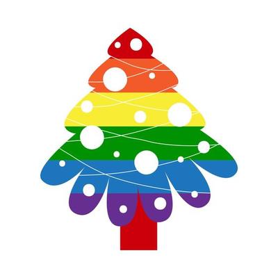 LGBT Christmas tree with rainbow and gay symbols vector flat illustration set. Merry homosexual Xmas and Happy New Year concept. Elements for pride cards, posters, patterns, gifts.