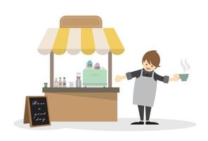 Barista with a cup of hot drinks and coffee shop kiosk vector illustration. Street cafe flat design.