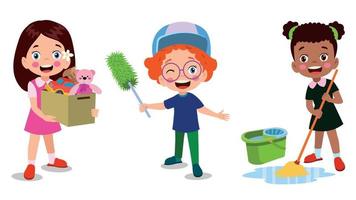 niños de dibujos animados vectoriales que limpian en casa colocan a los niños en varias posiciones de limpieza vector