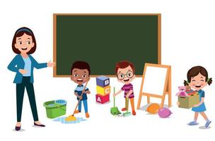 cute students cleaning classroom at school vector