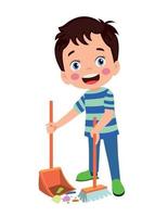 cute little boy cleaning with broom and shovel vector