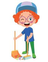 cute little boy cleaning with broom and shovel vector