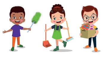 Vector Cartoon kids cleaning at home set Children in various cleaning positions