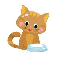 Vector illustration of cute happy cat on a white background in cartoon style. Favorite pet drinks milk.