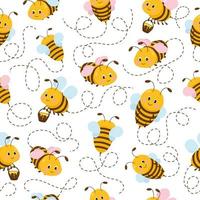 Cartoon vector seamless with flying cute bees on white background. Summer pattern for kids.