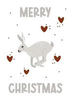 Postcard with a rabbit symbol of the year 2023 and a greeting inscription in the hygge style. Greeting card with Christmas holidays vector